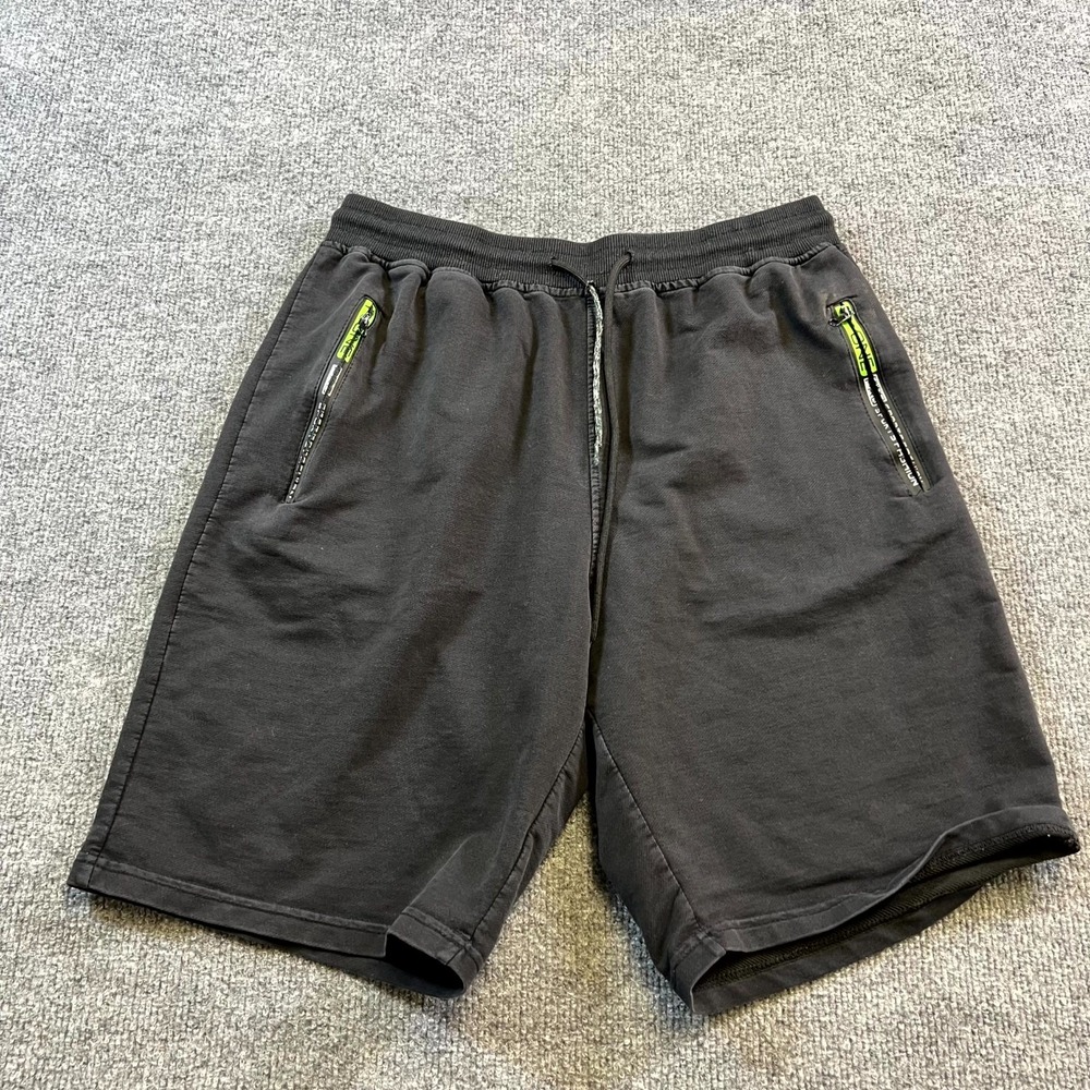 Mens Sweat Shorts Large Black Cotton Athletic Zip Pockets Mid Rise Gym Workout